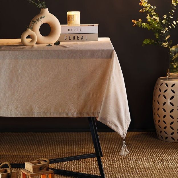 Fecra Lara Keten Püsküllü Masa örtüsü  120*160 cm resmi