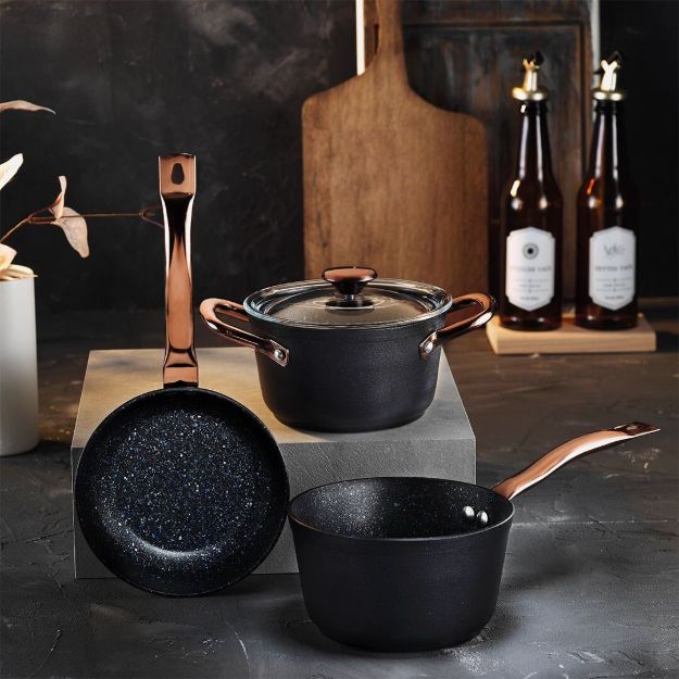 Fecra Starry 4 Parça Mini Granit Tencere Seti Bakır Kulp resmi