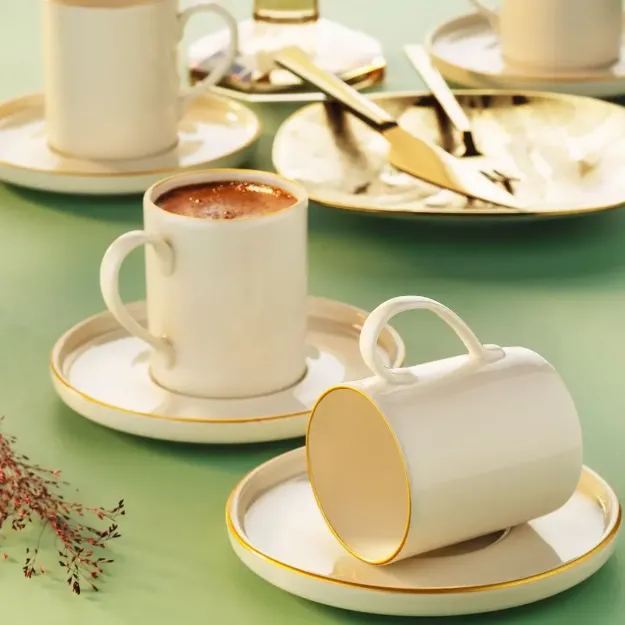 Fecra İnci 12 Parça Kahve Fincan Takımı Gold Fileli resmi