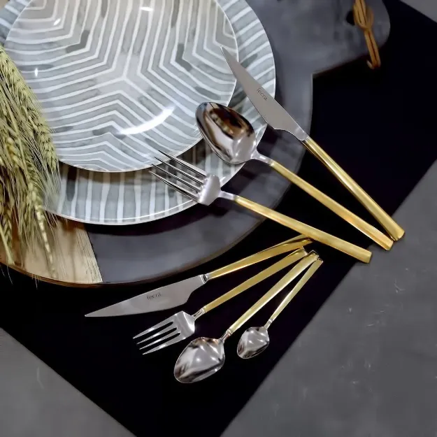 Fecra Doğa 89 Parça Altın Kaplama Çatal Kaşık Bıçak Takımı resmi